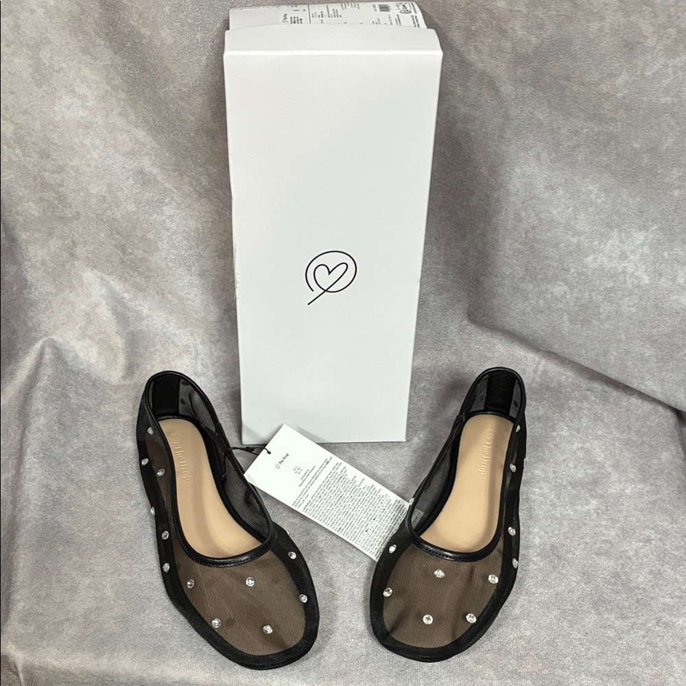 The Drop Pepper Black Mesh Ballet Flats with Crystal Studs